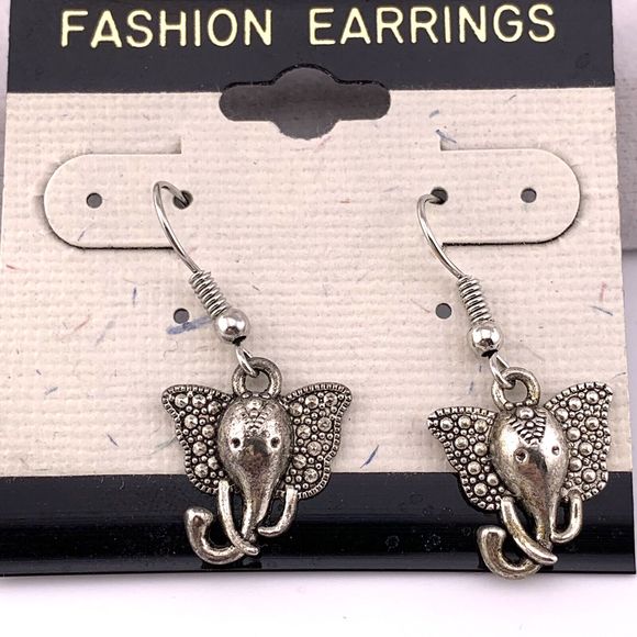 Elephant Head Earrings Silver Tone Big Ears Dangle Bali Style Good Luck Trunk Up - Picture 8 of 8